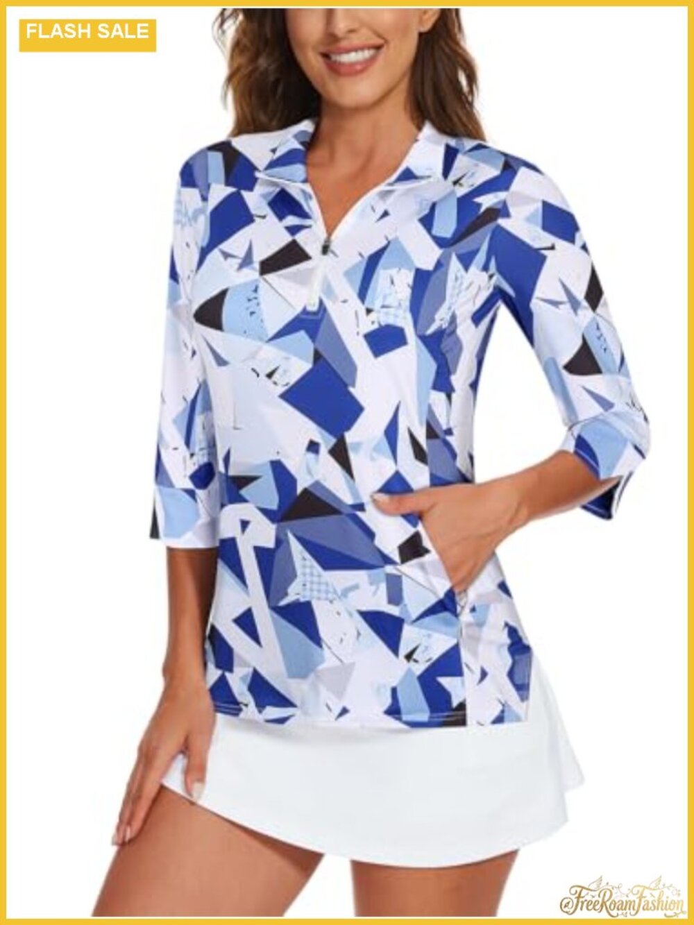 Womens Golf Polo Shirt 3/4 Sleeve Quarter Zip Sun Protection Athletic Workout